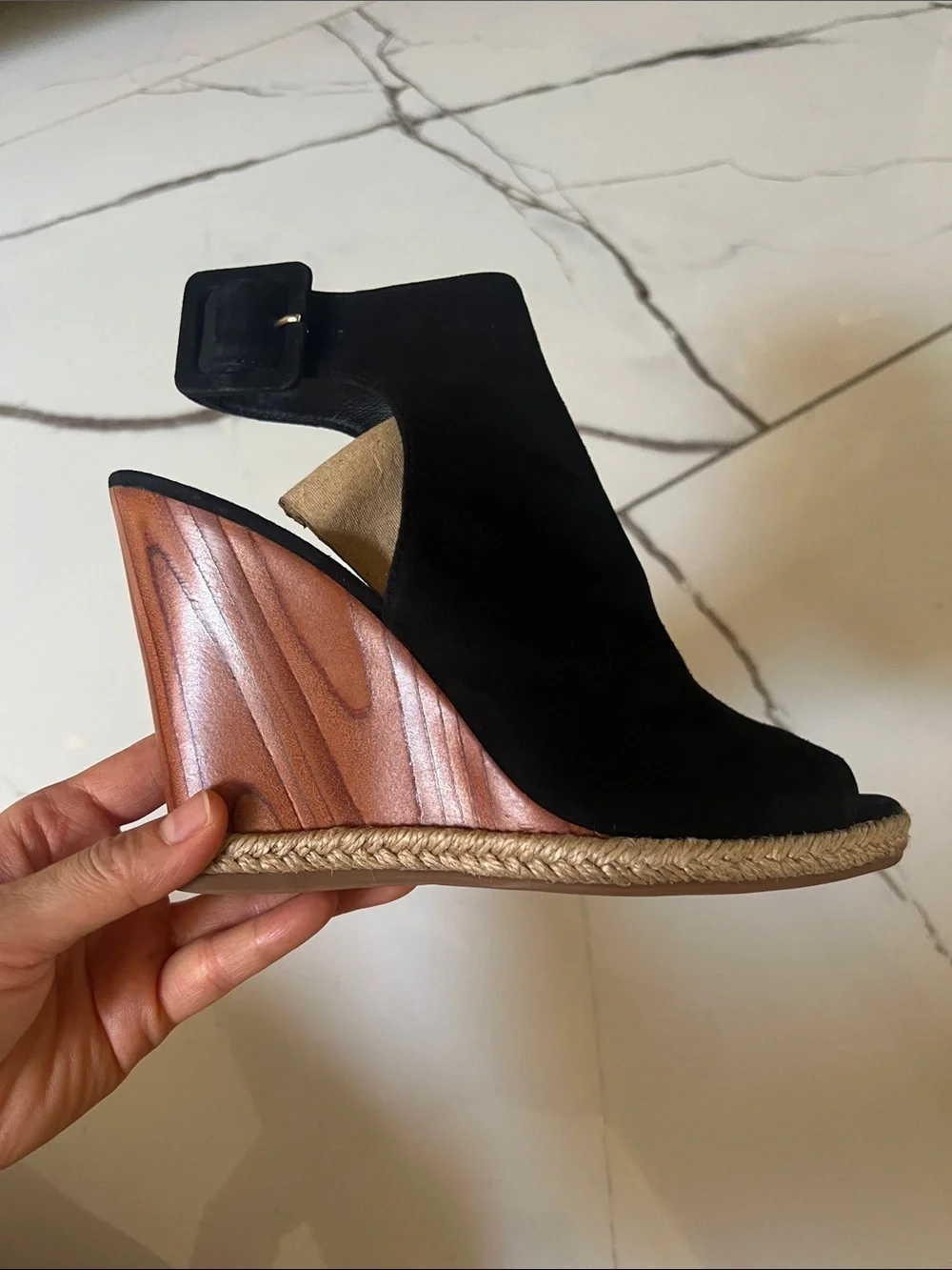 Tory Burch Black Suede Peep-Toe Espadrille Wedge Sandals